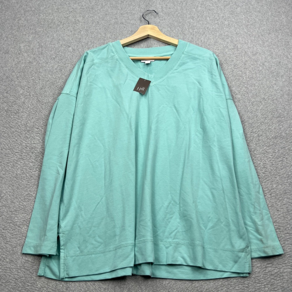 NEW J Jill Fit Sweatshirt Womens Medium Aqua V-Neck Long Sleeve Pullover 334711